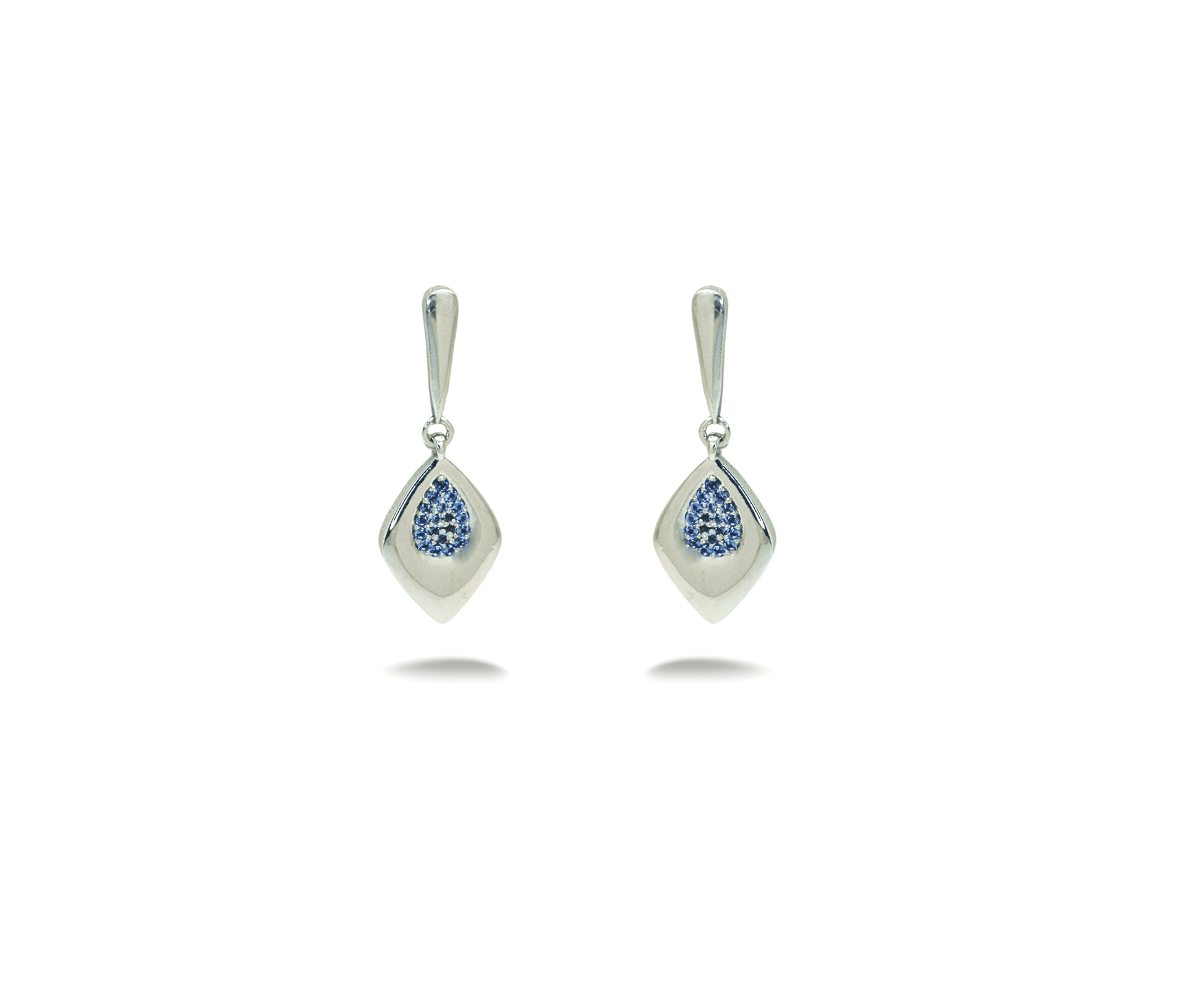 Modern drop earrings in rhodium-plated 925 silver, featuring a blue zirconia pavé design.