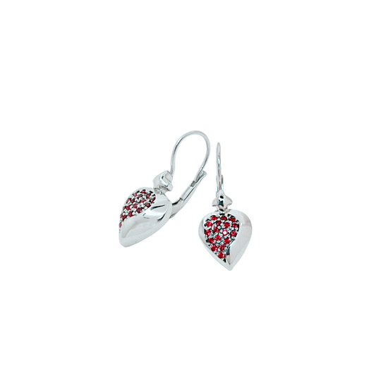 Orecchini a monachella Meloré in argento 925 con pavé di zirconia rossa, design a forma di cuore.