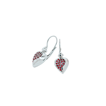 Orecchini a monachella Meloré in argento 925 con pavé di zirconia rossa, design a forma di cuore.